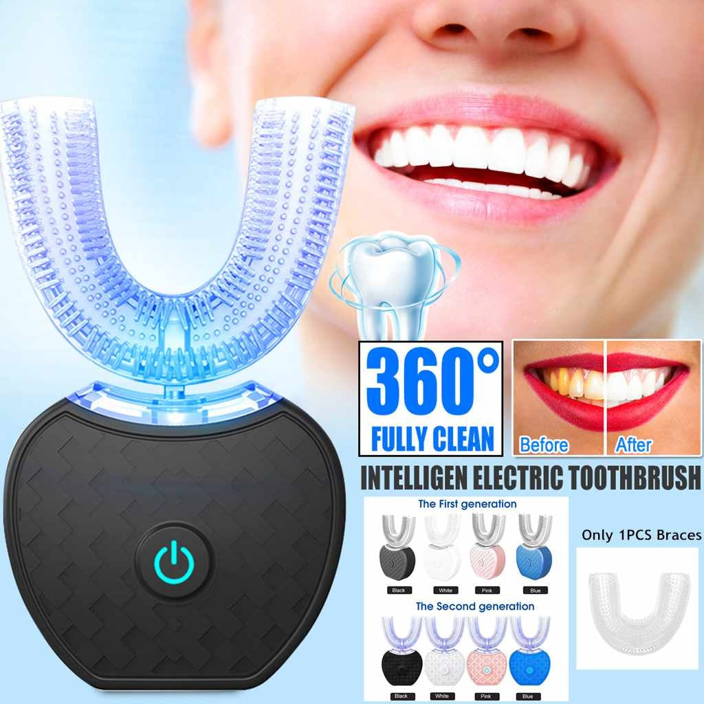 360 Degrees Intelligent Automatic Electric Toothbrush Waterproof U-Type Toothbrush Whitening Blue Light USB Charging